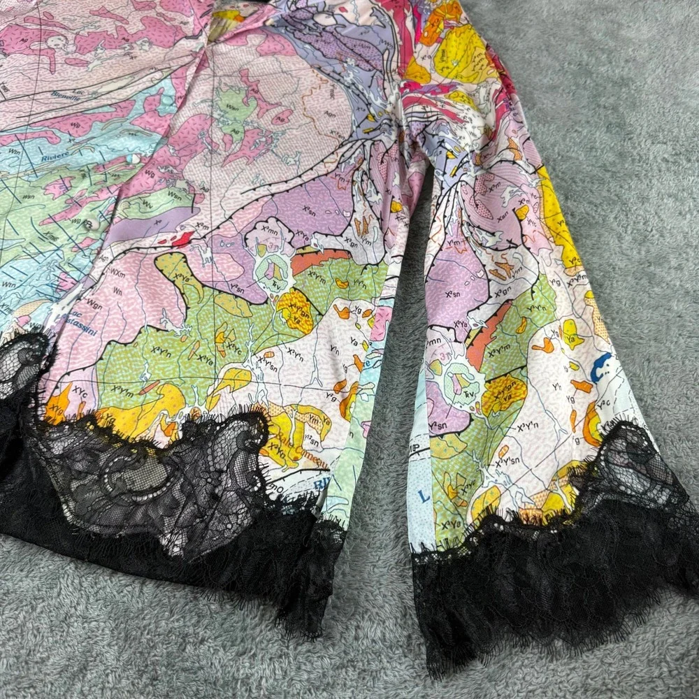 ME369 Mila Lace Button Down Top & Cora Pants Size Map Print XS Matching Set